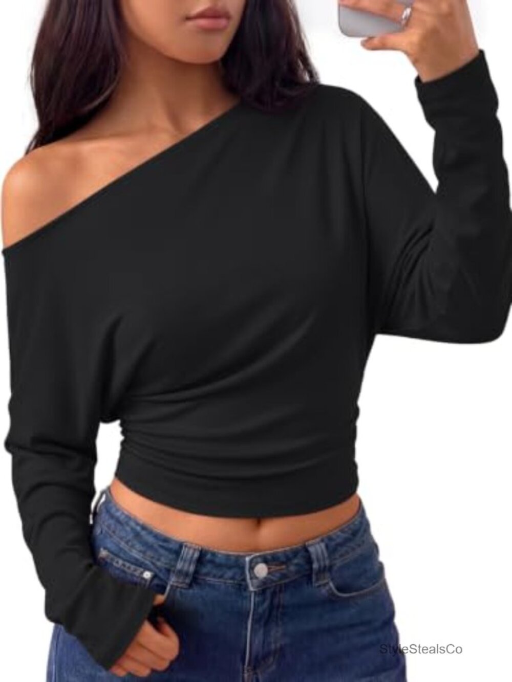Off the Shoulder Cinched Waist Crop Top Long Sleeve Asymmetrical Shirt